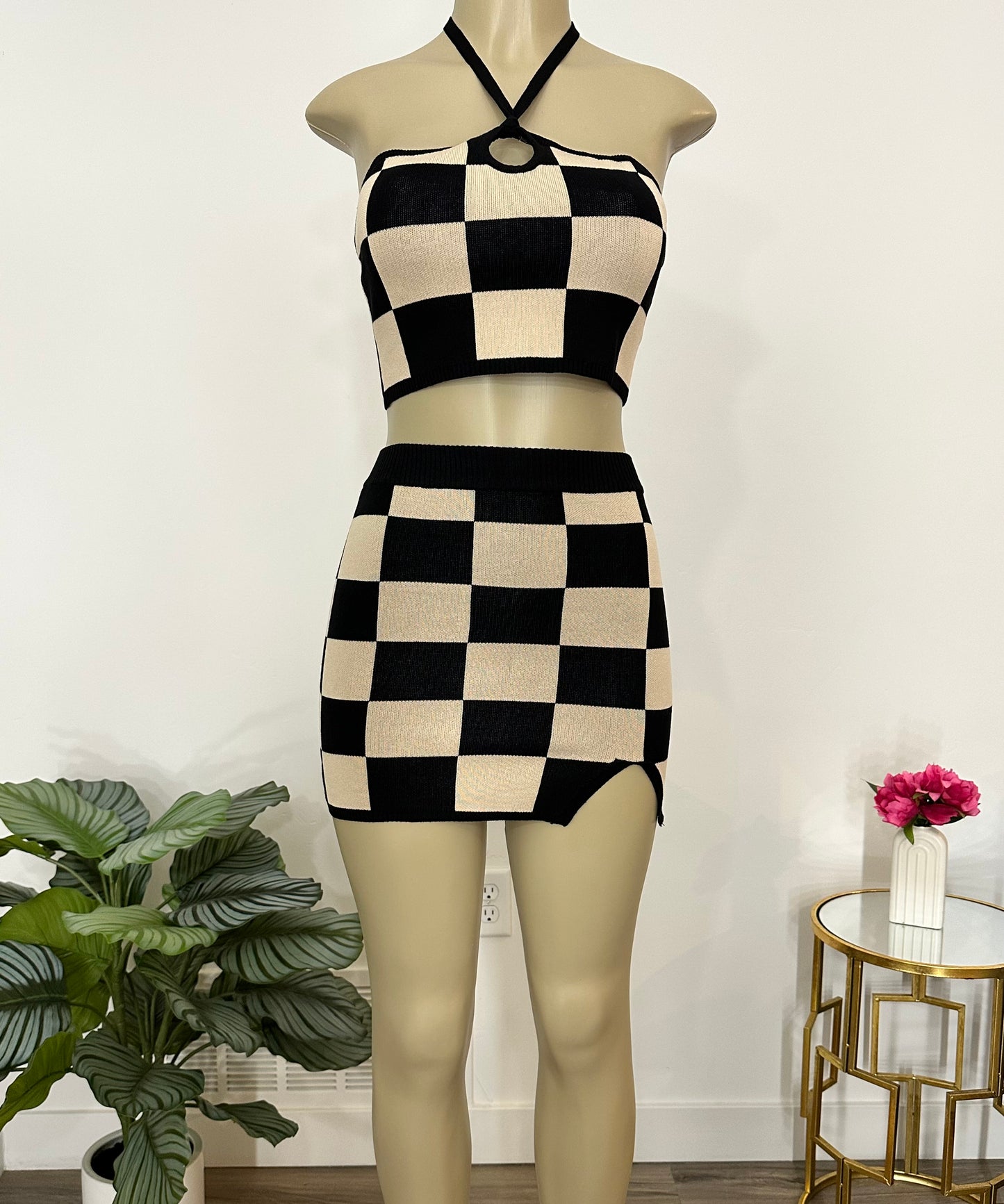Halter Checkered Crop Top Set